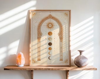 May include: A framed vertical wall art print featuring a central archway design with a sun face at the top and a vertical sequence of moon phases below. The artwork uses a warm color palette of gold, beige, and brown tones on a light background.