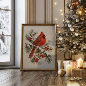 Red Cardinal Winter Wall Art, Watercolor Snowy Pine Bird Poster, Christmas Nature Art Print bild 12
