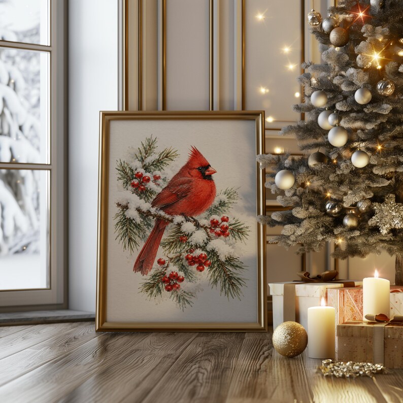 Red Cardinal Winter Wall Art, Watercolor Snowy Pine Bird Poster, Christmas Nature Art Print bild 12