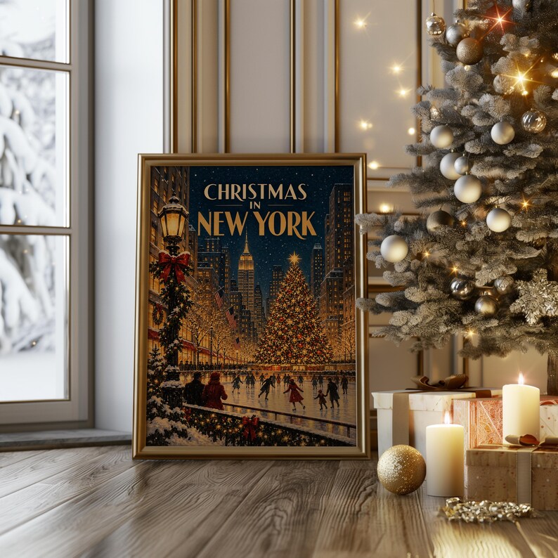 Christmas in New York Wall Art, Vintage NYC Holiday Cityscape Poster, Rockefeller Tree Ice Skating Art Print Bild 11