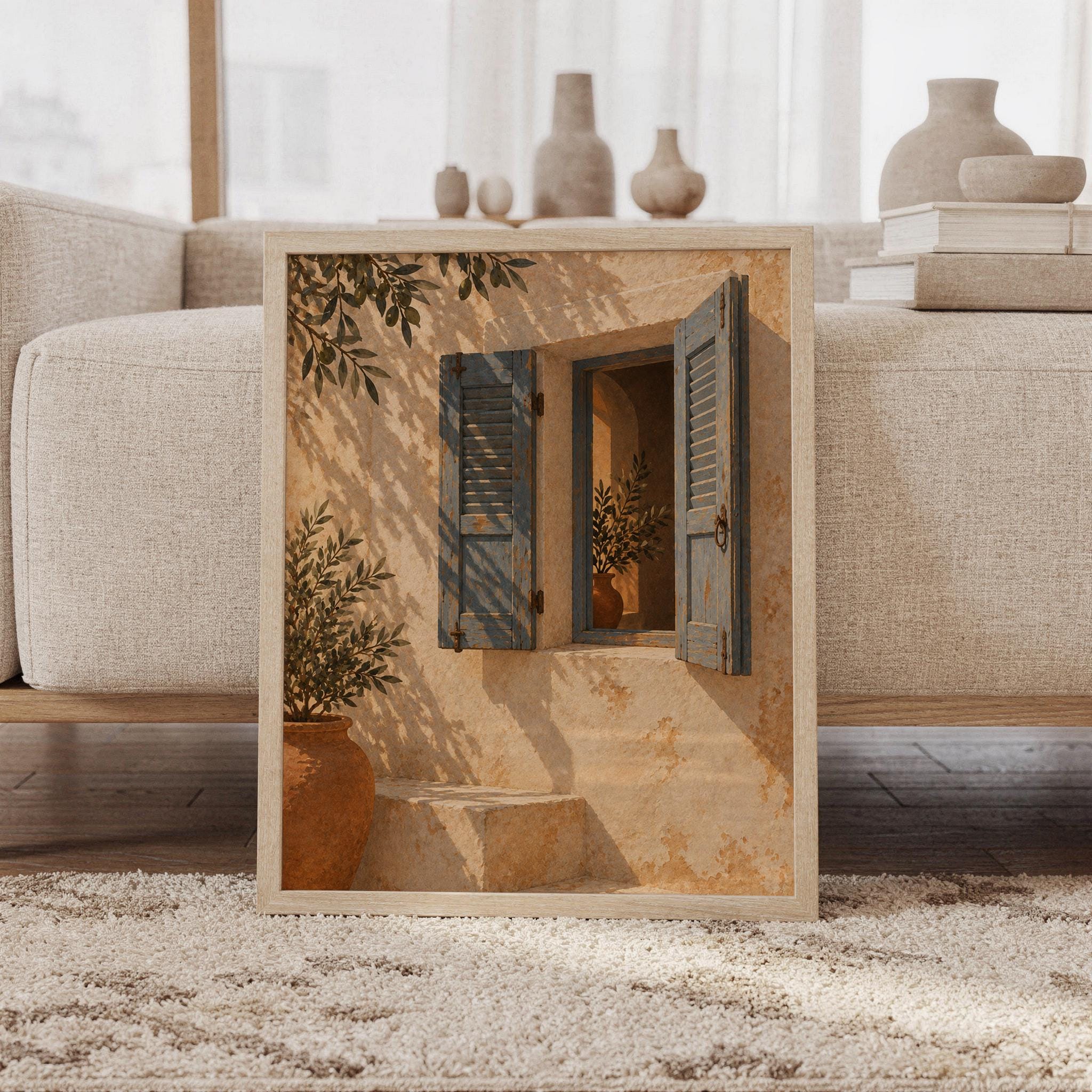 Mediterranean blue shutter wall art print featuring sun-washed cream stone, weathered blue shutters, terracotta pottery, and leafy olive branches in a rustic Mediterranean style, framed and leaning against a beige sofa on a textured rug in a bright Scandinavian living room.