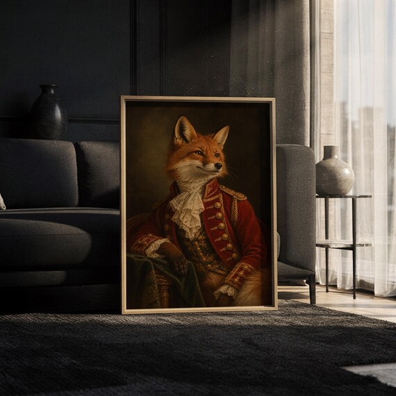 Fox portrait wall art print leaning against a white sofa in a bright living room with sheer curtains.