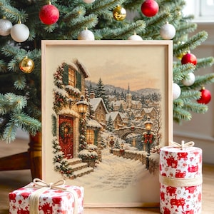 Christmas Village Wall Art, Vintage Winter Town Poster, Snowy Cottage Holiday Art Print, Cozy Rustic Decor image 1