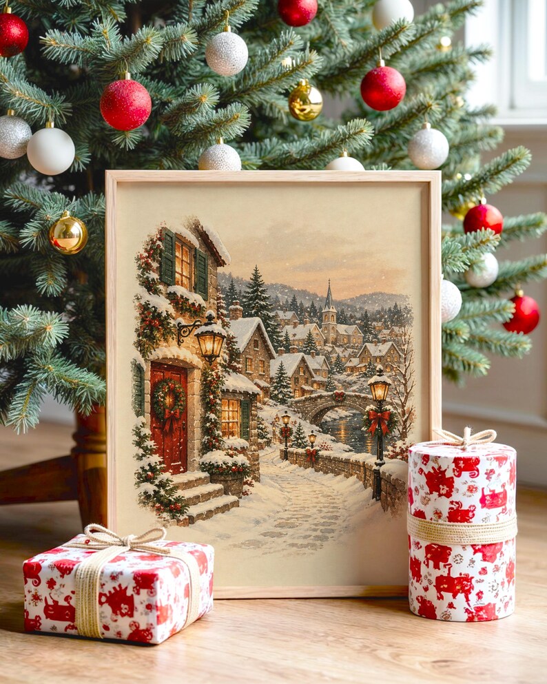 Christmas Village Wall Art, Vintage Winter Town Poster, Snowy Cottage Holiday Art Print, Cozy Rustic Decor image 1