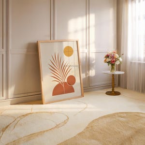 Mid century terracotta print in large open minimalist room with neutral rug
