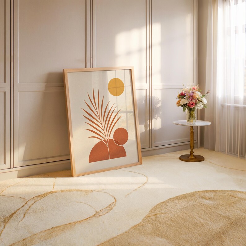 Mid century terracotta print in large open minimalist room with neutral rug