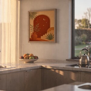 Terracotta moon and stars arch art print hanging in a high-rise apartment living room with a city skyline view.