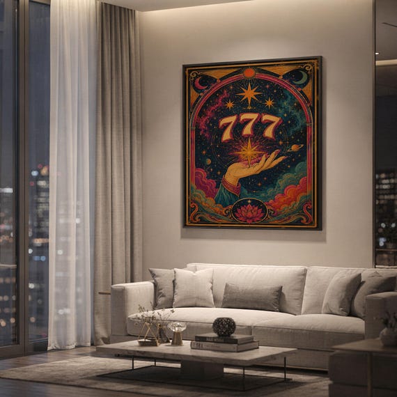 777 angel number wall art print hanging above a light gray sofa in a modern living room with evening city views through tall windows.