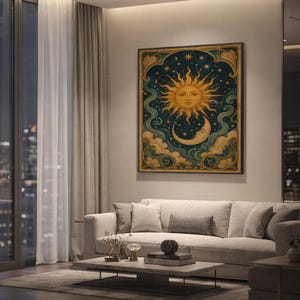 Celestial sun and moon wall art print hanging above a light gray sofa in a modern living room with evening city views through tall windows.