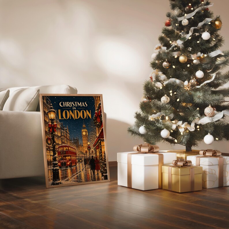 Decorazione murale "Natale a Londra", poster di viaggio vintage, stampa del Big Ben e del bus rosso. immagine 14