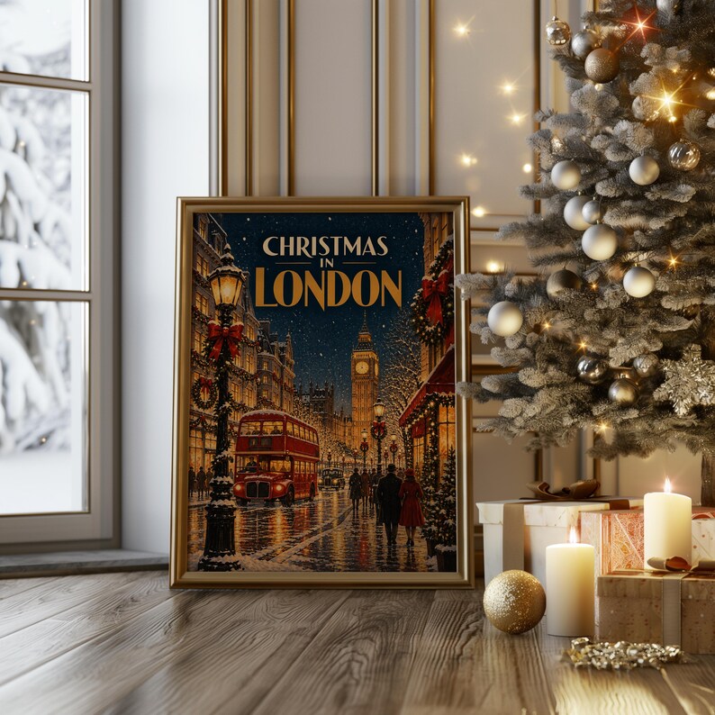 Decorazione murale "Natale a Londra", poster di viaggio vintage, stampa del Big Ben e del bus rosso. immagine 10