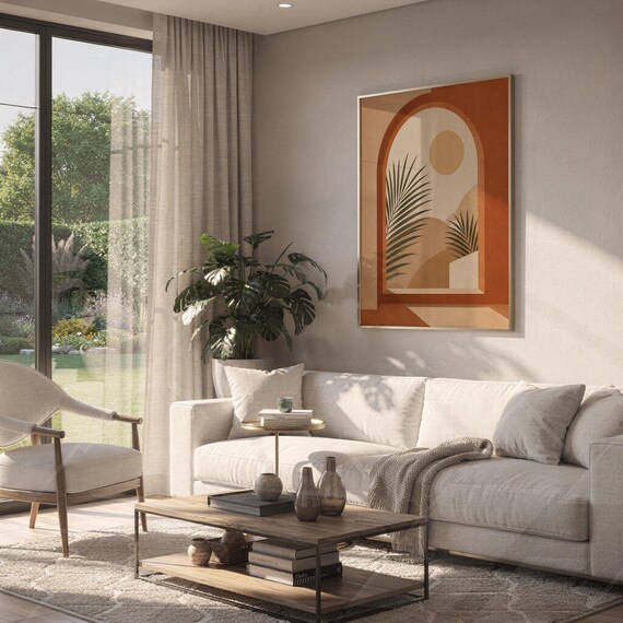 Aesthetic botanical palm arch poster framed on wall above white sofa in bright modern living room.