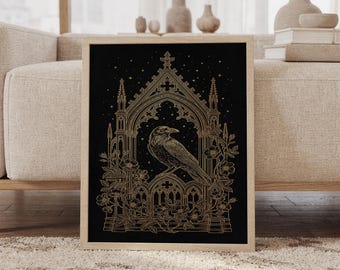 May include: A framed rectangular wall art print featuring a gold-colored line drawing of a raven perched within a gothic archway. The design includes intricate floral details at the base and a starry night sky background on a solid black field.
