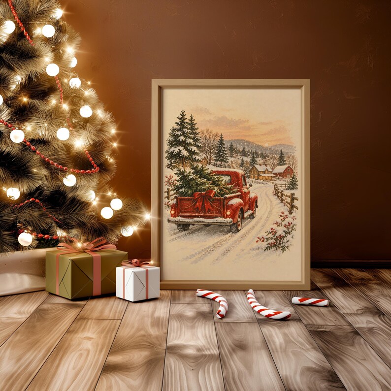 Vintage Red Truck Christmas Wall Art, Snowy Farmhouse Winter Poster, Holiday Tree Art Print zdjęcie 12