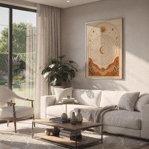 Zodiac wheel wall art print hanging above a white sofa in a living room with garden views.
