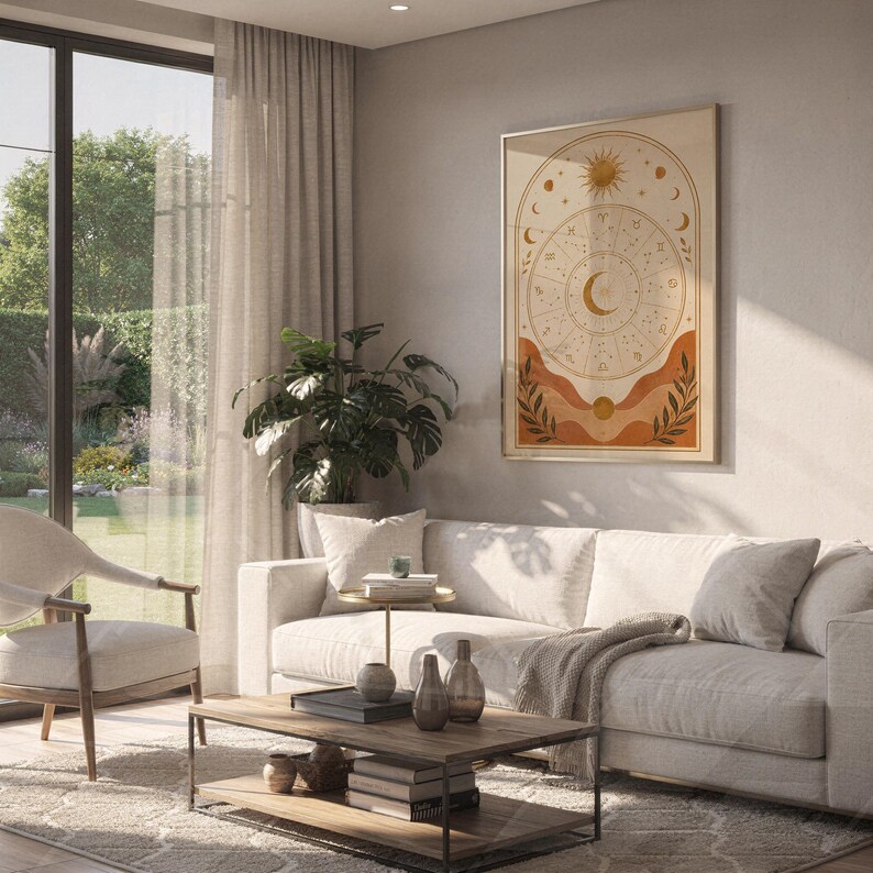 Zodiac wheel wall art print hanging above a white sofa in a living room with garden views.