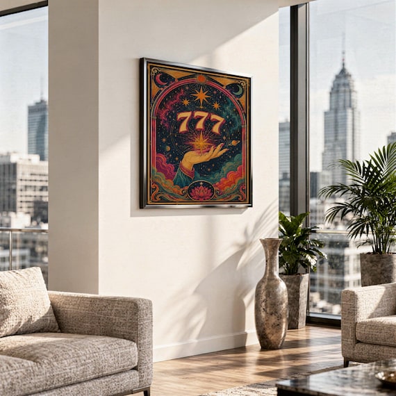 777 angel number wall art print standing on a white kitchen counter beside potted herbs.