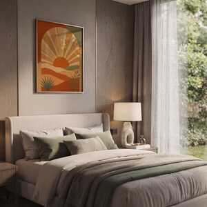 Boho sun arch print hanging above a bed with sage green pillows in a calm neutral bedroom.