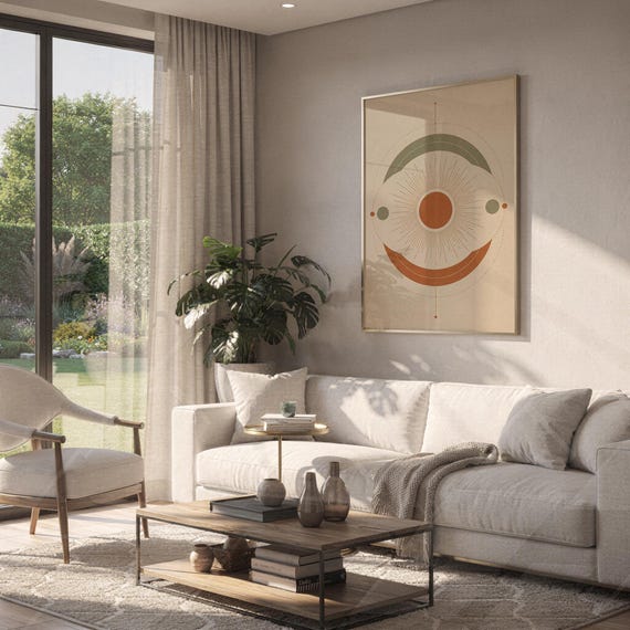Abstract sun wall art print hanging above a white sofa in a living room with garden views.