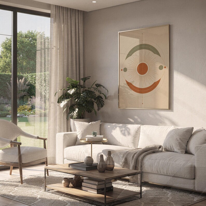 Abstract sun wall art print hanging above a white sofa in a living room with garden views.