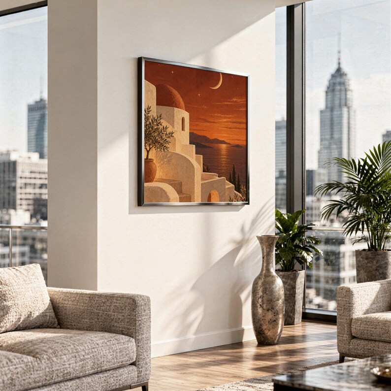 Mediterranean moonlit coastal wall art print hanging in a high-rise apartment living room with a city skyline view.