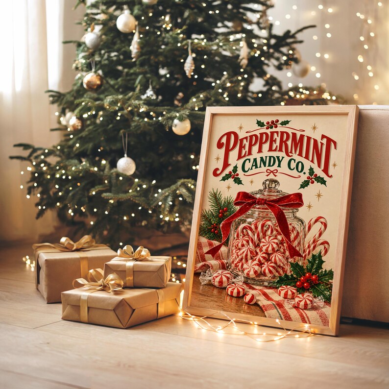 Peppermint Candy Wall Art, Vintage Christmas Kitchen Decor, Retro Holiday Art Print, Red Green Poster image 8