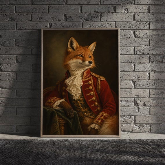Fox portrait wall art print hanging above a light gray sofa in a modern living room with evening city views through tall windows.