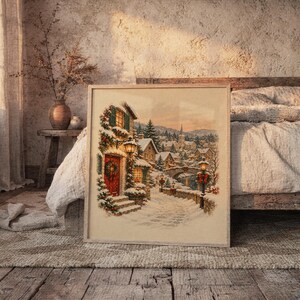 Christmas Village Wall Art, Vintage Winter Town Poster, Snowy Cottage Holiday Art Print, Cozy Rustic Decor image 6