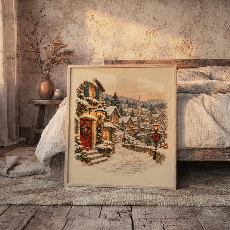 Christmas Village Wall Art, Vintage Winter Town Poster, Snowy Cottage Holiday Art Print, Cozy Rustic Decor image 6