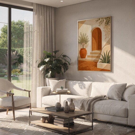 Mediterranean terracotta stairway arch print hanging above a white sofa in a living room with garden views.