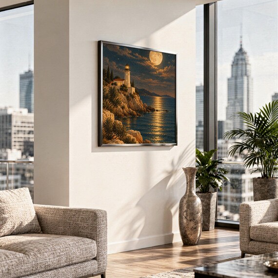Moonlit lighthouse wall art print hanging in a high-rise apartment living room with a city skyline view.