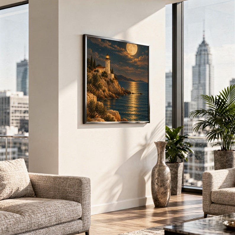 Moonlit lighthouse wall art print hanging in a high-rise apartment living room with a city skyline view.
