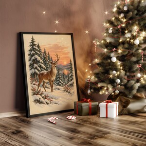 Winter Deer Wall Art, Snowy Forest Sunset Wildlife Art Print, Rustic Cabin Poster Bild 10