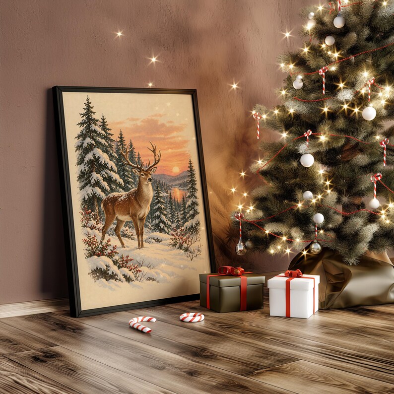 Winter Deer Wall Art, Snowy Forest Sunset Wildlife Art Print, Rustic Cabin Poster Bild 10