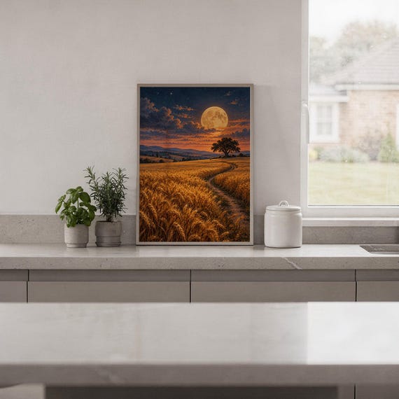 Moon wall art print standing on a white kitchen counter beside potted herbs.