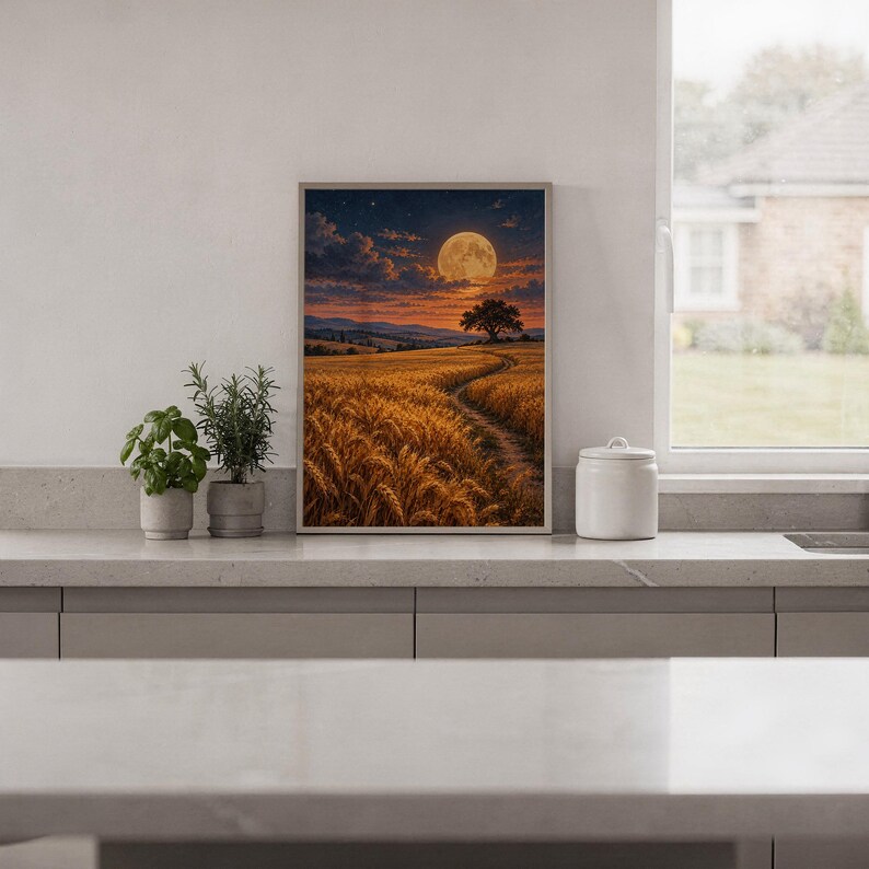 Moon wall art print standing on a white kitchen counter beside potted herbs.