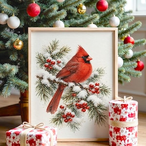 Red Cardinal Winter Wall Art, Watercolor Snowy Pine Bird Poster, Christmas Nature Art Print bild 1