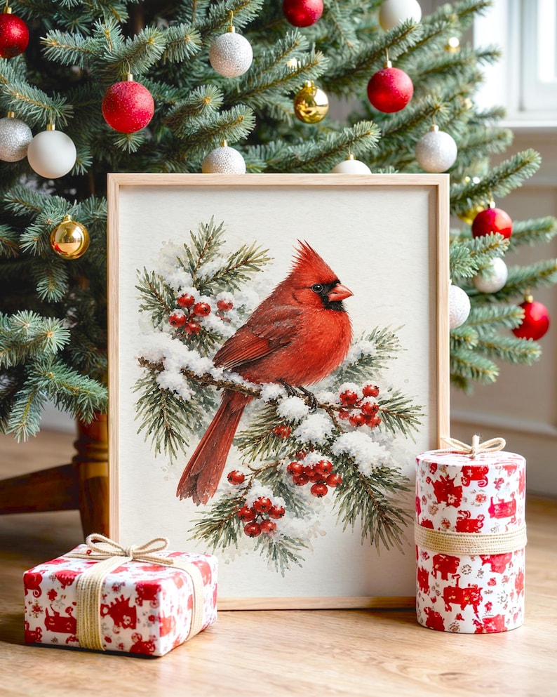 Red Cardinal Winter Wall Art, Watercolor Snowy Pine Bird Poster, Christmas Nature Art Print bild 1