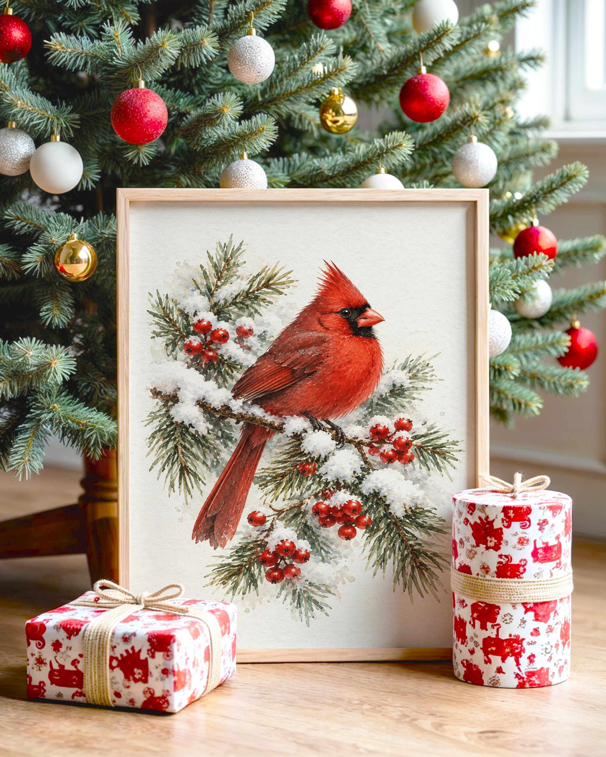 Red Cardinal Winter Wall Art, Watercolor Snowy Pine Bird Poster, Christmas Nature Art Print