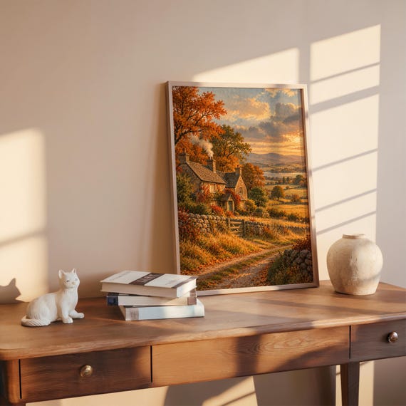 Autumn cottage landscape wall art print hanging above a bed with sage green pillows in a calm neutral bedroom.