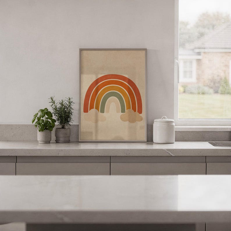 Boho earth tone rainbow print hanging in a high-rise apartment living room with a city skyline view.