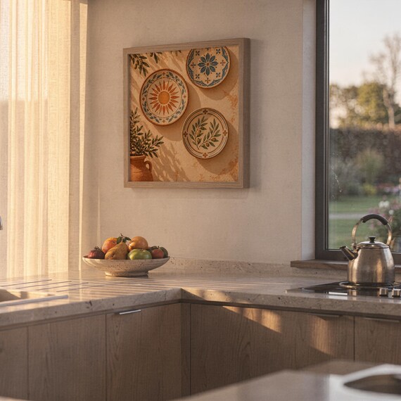 Mediterranean ceramic plate wall art print hanging above a stone countertop with a fruit bowl in a sunny kitchen.