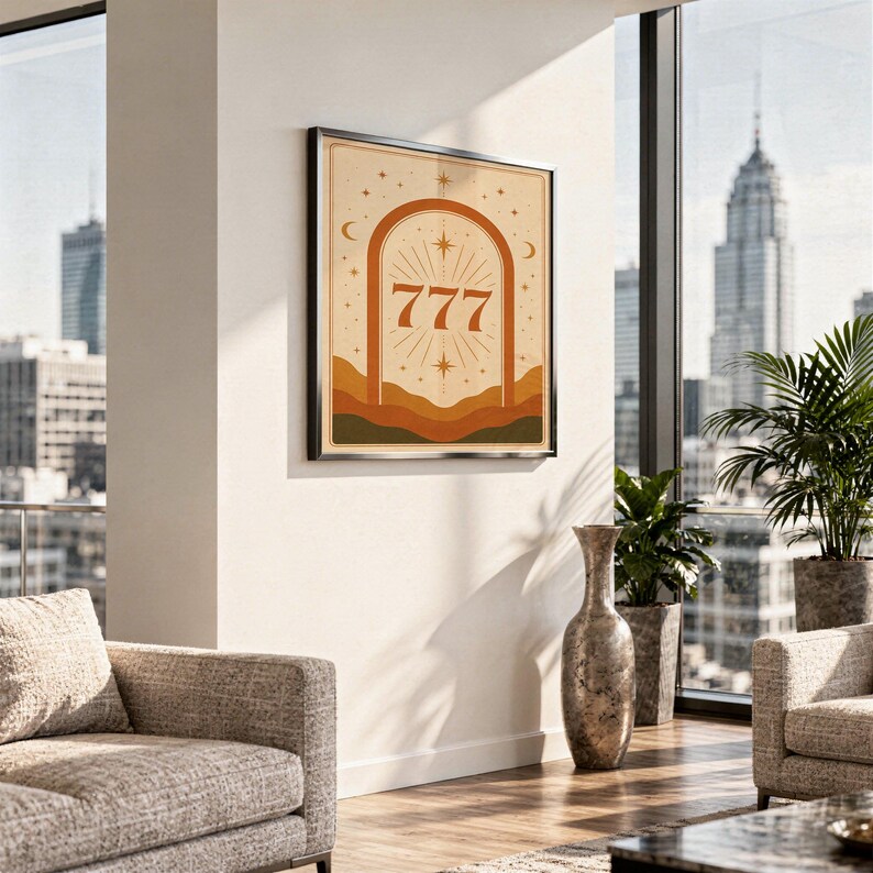 Framed terracotta 777 poster hanging on the wall of a bright high-rise living room overlooking city skyscrapers.