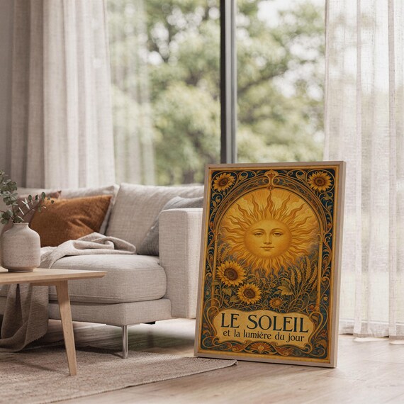 Art nouveau sunflower wall art print hanging above a light gray sofa in a modern living room with evening city views through tall windows.