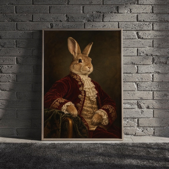 Regal rabbit portrait wall art print hanging above a light gray sofa in a modern living room with evening city views through tall windows.