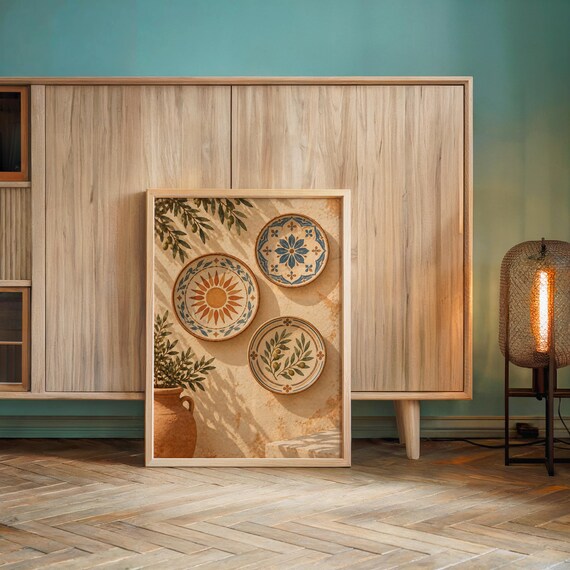 Mediterranean ceramic plate wall art print leaning against a wooden cabinet by a teal wall beside a glowing floor lamp.
