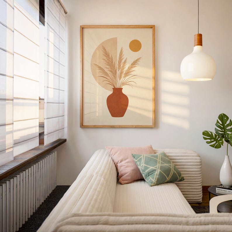 Warm aesthetic pampas grass art displayed in sunlit cozy interior room