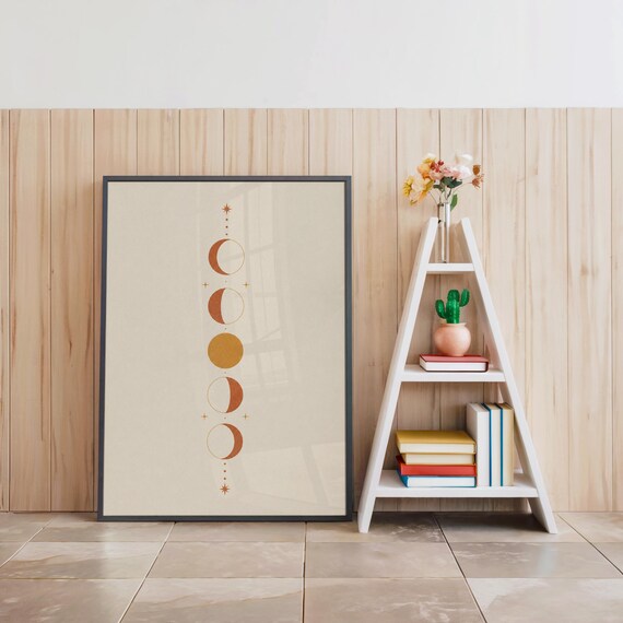 Spiritual moon phases poster in black frame beside white decorative ladder shelf