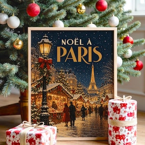 Wandbild „Pariser Weihnachtsmarkt“, Vintage-Weihnachtsplakat aus Frankreich, Kunstdruck „Eiffelturm im Winter“ Bild 1