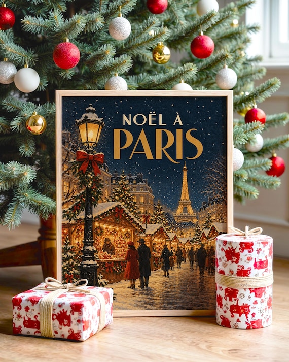 Paris Christmas Market Wall Art, Vintage French Holiday Poster, Eiffel Tower Winter Art Print